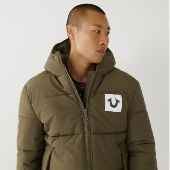 Brand New with Tag ~ True Religion Hooded Puffer Jacket Olive Green size Large - Picture 1 of 12